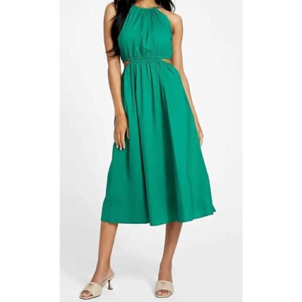Guess Isabel midi dress green holiday party L cutout